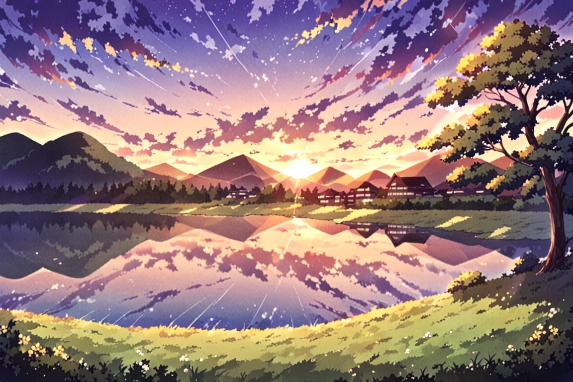 Shinkai Makoto,


outdoors, sky, a little cloud, water, lake,tree, no humans, sunlight, cloudy sky, grass, building, nature, scenery, reflection, sunset, mountain, landscape