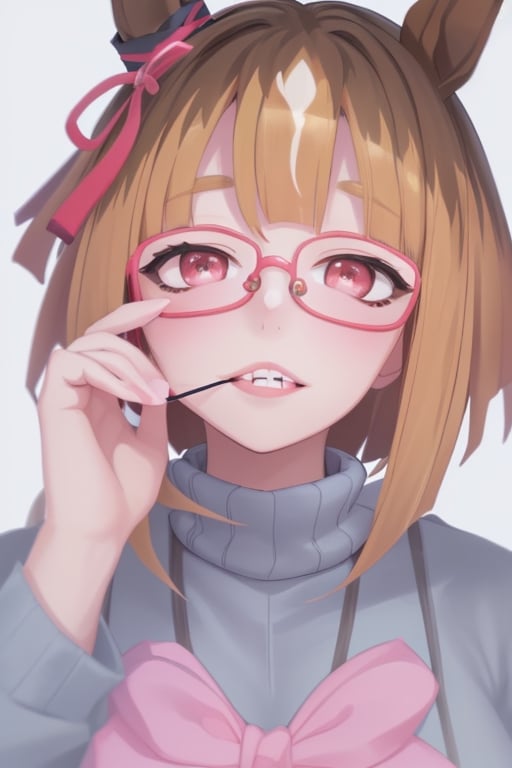 blonde hair, nerd , fox girl, buck teeth, glasses,  portrait view, looking up. sweater ,masterpiece,Kanbaru,transcend \(umamusume\),nerd_girl