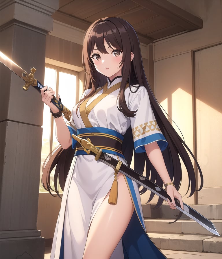 1girl, Israeli, brown hair, long hair, long bangs, ancient Israeli clothes, sword in hand, 👌🏿🍯🥛