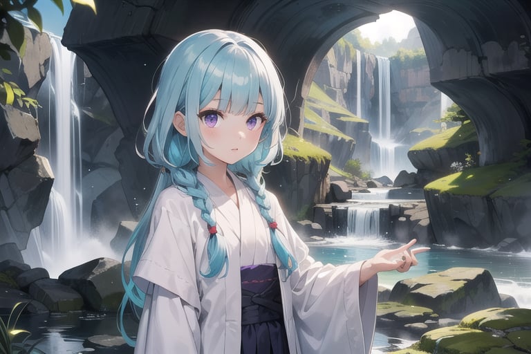 1girl, short bangs, blunt bangs, ,concave bangs, cyan  hair, long hair, petite, mage robe, white robe, waterfall, relaxed, fantasy setting, side braid, purple eyes, glowing eyes.,anime