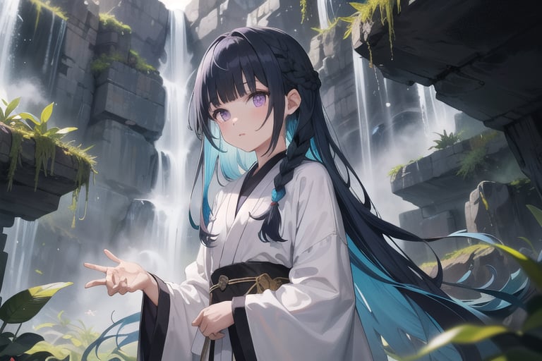 1girl, short bangs, blunt bangs, ,concave bangs, multicolored hair, blue hair, black hair, long hair, petite, mage robe, white robe, waterfall, relaxed, fantasy setting, side braid, purple eyes, glowing eyes.,anime