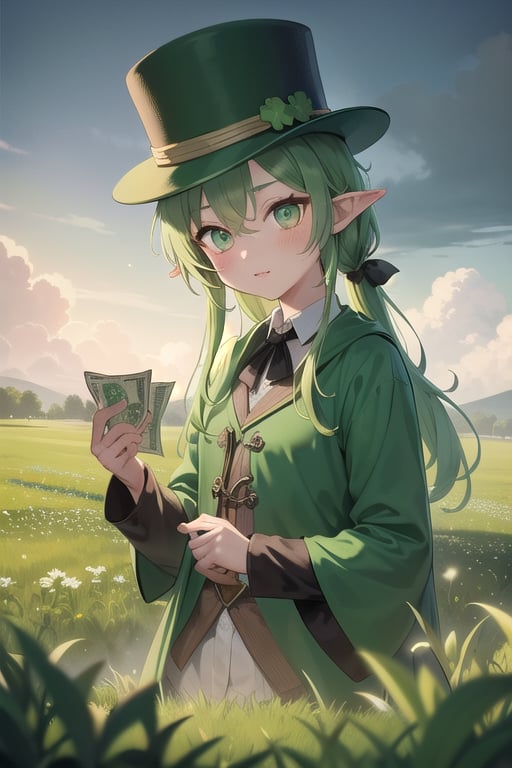 A leprechaun girl. green hair, gren tophat, has a clover. flag of Ireland, pointy ears, glowing eyes, green eyes, pot of gold, banknotes, on a meadow.