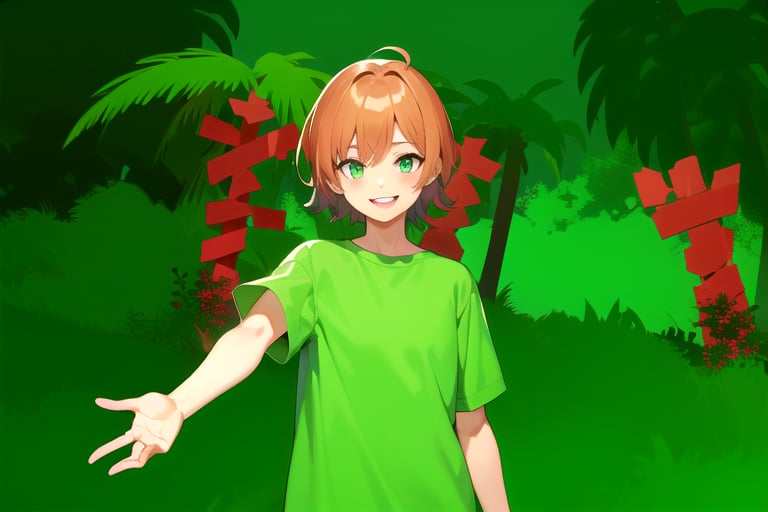 a girl with short hair on an island with palm trees, green shirt, hand stretched out., smiling.