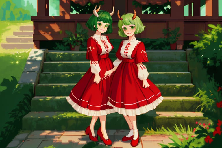 breasts, looking at viewer, blush, smile, short hair, bangs, multiple girls, long sleeves, dress, 2girls, closed mouth, green eyes, standing, full body, short sleeves, outdoors, frills, green hair, horns, shoes, day, siblings, red dress, red footwear, tassel, twins, stairs, skirt hold,Pixel art