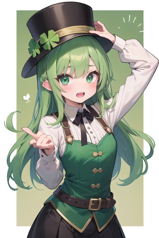 A leprechaun girl. green hair, gren tophat, has a clover. flag of Ireland.