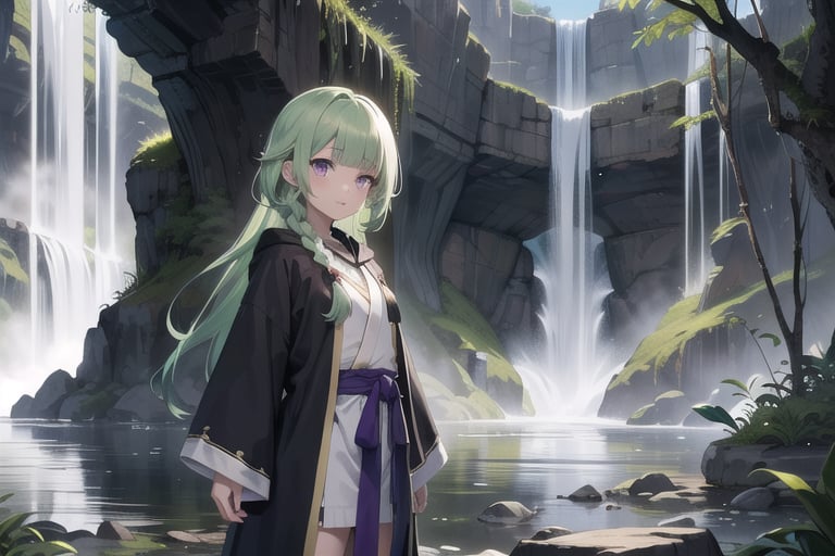 1girl, short bangs, blunt bangs, ,concave bangs, light green hair, long hair, petite, mage robe,  priestess, waterfall, relaxed, fantasy setting, side braid, purple eyes, glowing eyes.,anime