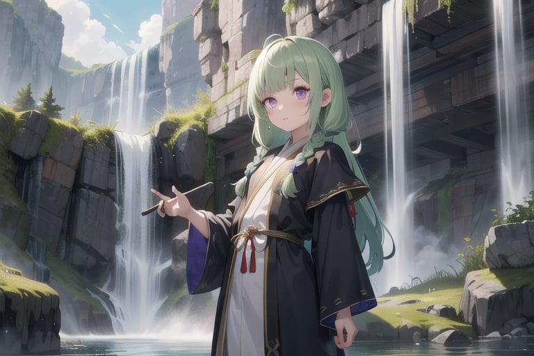 1girl, short bangs, blunt bangs, ,concave bangs, light green hair, long hair, petite, mage robe,  priestess, waterfall, relaxed, fantasy setting, side braid, purple eyes, glowing eyes.,anime