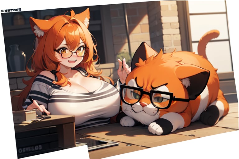 A garfield girl, orange hair, black stripes, big hair, glasses, fat cat.