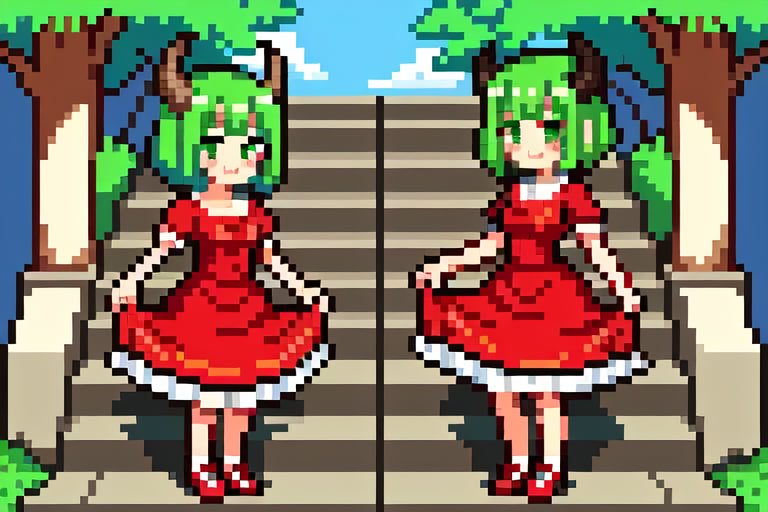 breasts, looking at viewer, blush, smile, short hair, bangs, multiple girls, long sleeves, dress, 2girls, closed mouth, green eyes, standing, full body, short sleeves, outdoors, frills, green hair, horns, shoes, day, siblings, red dress, red footwear, tassel, twins, stairs, skirt hold,Pixel art