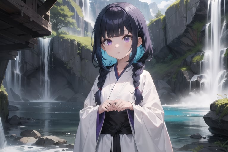 1girl, short bangs, blunt bangs, ,concave bangs, multicolored hair, blue hair, black hair, long hair, petite, mage robe, white robe, waterfall, relaxed, fantasy setting, side braid, purple eyes, glowing eyes.,anime