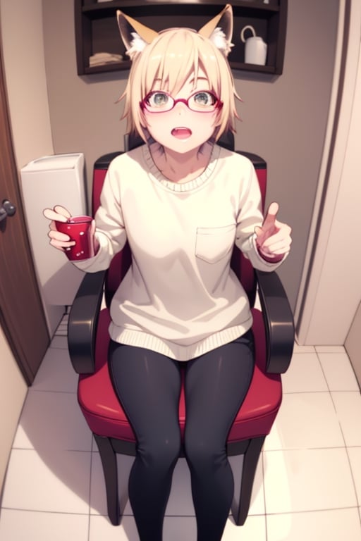 blonde hair, nerd , fox girl, buck teeth, glasses, looking up. sweater. sitting on a toilet. shy , bottomless,masterpiece,Kanbaru