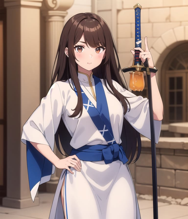 1girl, Israeli, brown hair, long hair, long bangs, ancient Israeli clothes, sword in hand, 👌🏿🍯🥛