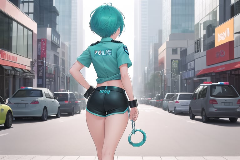 A tomboy with a bold pixie cut and vibrant aqua hair stands out against the bustling city backdrop as she walks down the busy street, her back to the camera. She wears a crisp blue police shirt and matching shorts, exuding confidence and authority. Her hands are grasping handcuffs at her hip, hinting at a sense of duty and responsibility. The sunlight catches the aqua hair, adding a pop of color to the otherwise urban scene.