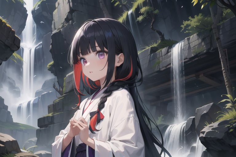 1girl, short bangs, blunt bangs, ,concave bangs, multicolored hair, parted hair, ruby hair, black hair, long hair, petite, mage robe, white robe, waterfall, relaxed, fantasy setting, side braid, purple eyes, glowing eyes.,anime