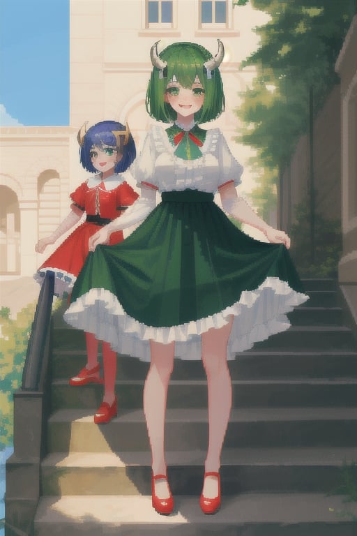 breasts, looking at viewer, blush, smile, short hair, bangs, multiple girls, long sleeves, dress, 2girls, closed mouth, green eyes, standing, full body, short sleeves, outdoors, frills, green hair, horns, shoes, day, siblings, blue dress, red footwear, tassel, twins, stairs, skirt hold,Pixel art