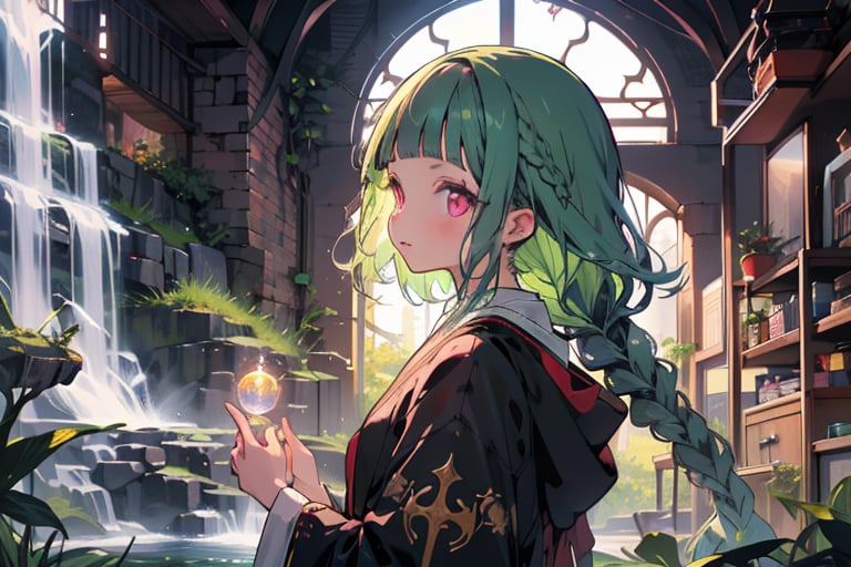 1girl, short bangs, blunt bangs, ,concave bangs, green_hair, long hair, petite, mage robe,  priestess, waterfall, relaxed, fantasy setting, side braid, pink eyes, glowing eyes.