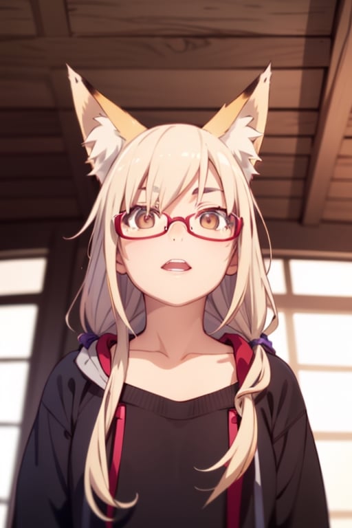 blonde hair, nerd , fox girl, buck teeth, glasses,  portrait view, looking up. sweater ,masterpiece,Kanbaru