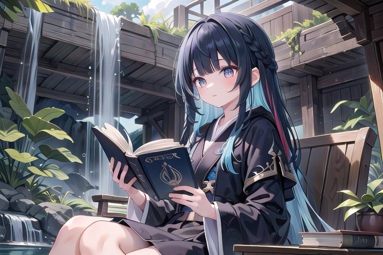 1girl, short bangs, blunt bangs, ,concave bangs, multicolored hair,  navy blue hair, black hair, long hair, mage robe, black and blue robe, waterfall, relaxed, fantasy setting, side braid, jade eyes,  reading a book.