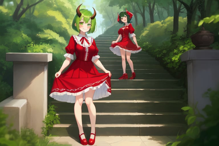 breasts, looking at viewer, blush, smile, short hair, bangs, multiple girls, long sleeves, dress, 2girls, closed mouth, green eyes, standing, full body, short sleeves, outdoors, frills, green hair, horns, shoes, day, siblings, red dress, red footwear, tassel, twins, stairs, skirt hold