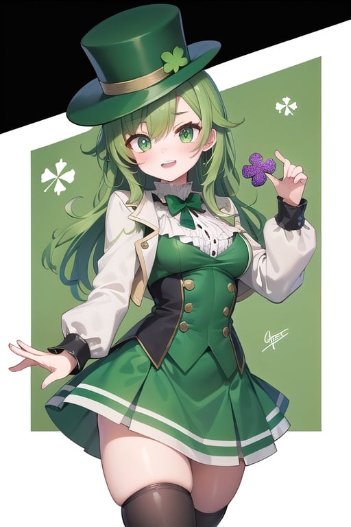 A leprechaun girl. green hair, gren tophat, has a clover. flag of Ireland.