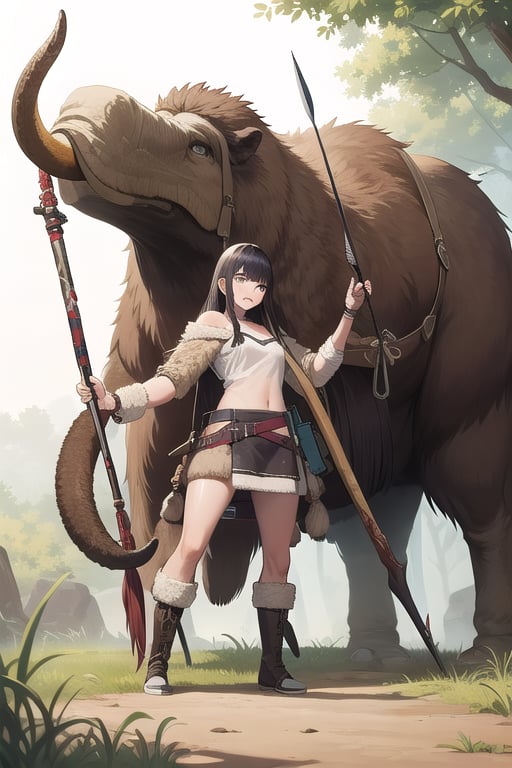 1girl, wearing animal skin, spear, hunting a Mammoth.