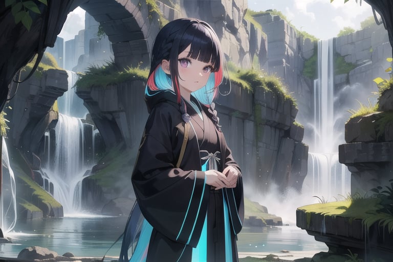 1girl, short bangs, blunt bangs, ,concave bangs, multicolored hair, parted hair, cyan hair, black hair, long hair, petite, mage robe, black and blue robe, waterfall, relaxed, fantasy setting, side braid, purple eyes, glowing eyes.,anime