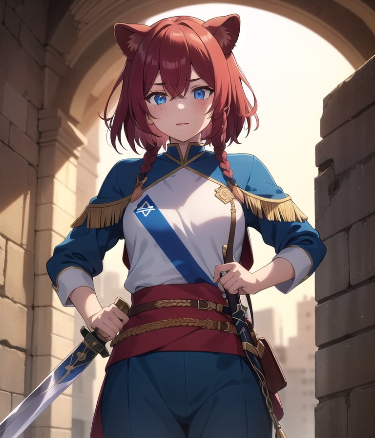 1girl,ruby hair, ancient Israeli clothes, medium hair, side braid,  freckles,  blue eyes, glowing eyes, holding a sword,  marron hair, lion ears, Israel flag 