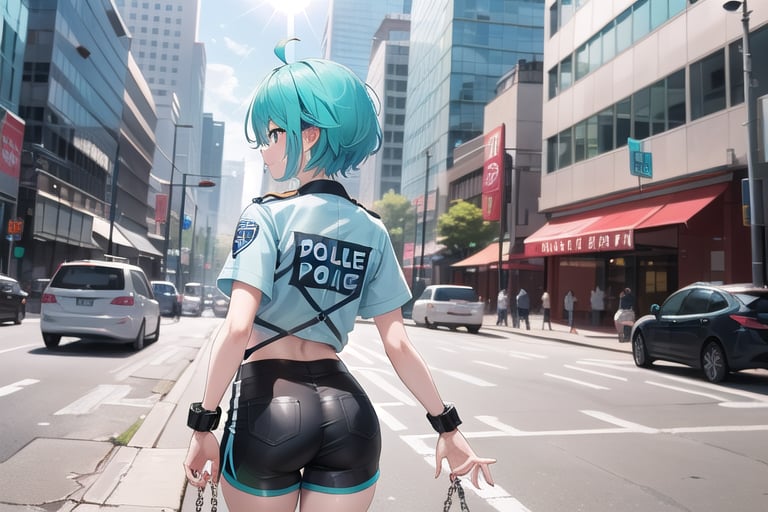 A tomboy with a bold pixie cut and vibrant aqua hair stands out against the bustling city backdrop as she walks down the busy street, her back to the camera. She wears a crisp blue police shirt and matching shorts, exuding confidence and authority. Her hands are grasping handcuffs at her hip, hinting at a sense of duty and responsibility. The sunlight catches the aqua hair, adding a pop of color to the otherwise urban scene.