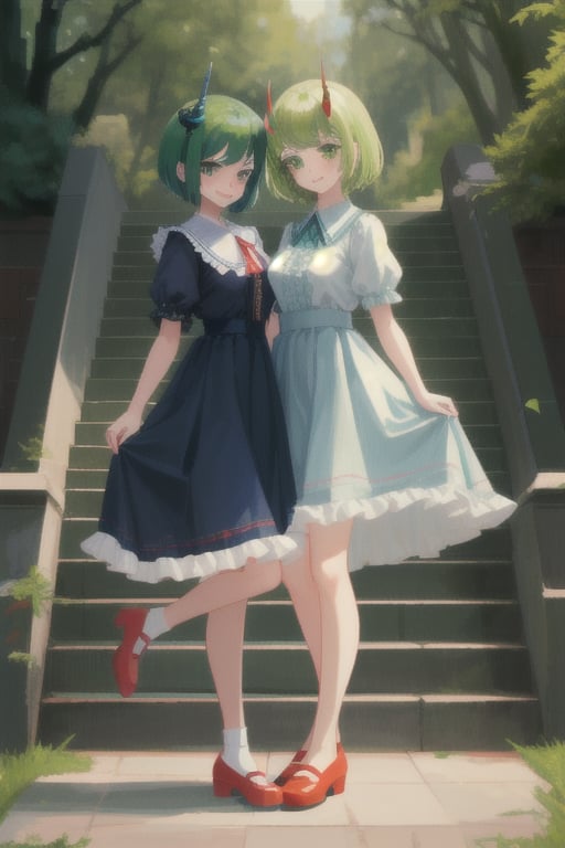 breasts, looking at viewer, blush, smile, short hair, bangs, multiple girls, long sleeves, dress, 2girls, closed mouth, green eyes, standing, full body, short sleeves, outdoors, frills, green hair, horns, shoes, day, siblings, blue dress, red footwear, tassel, twins, stairs, skirt hold,Pixel art