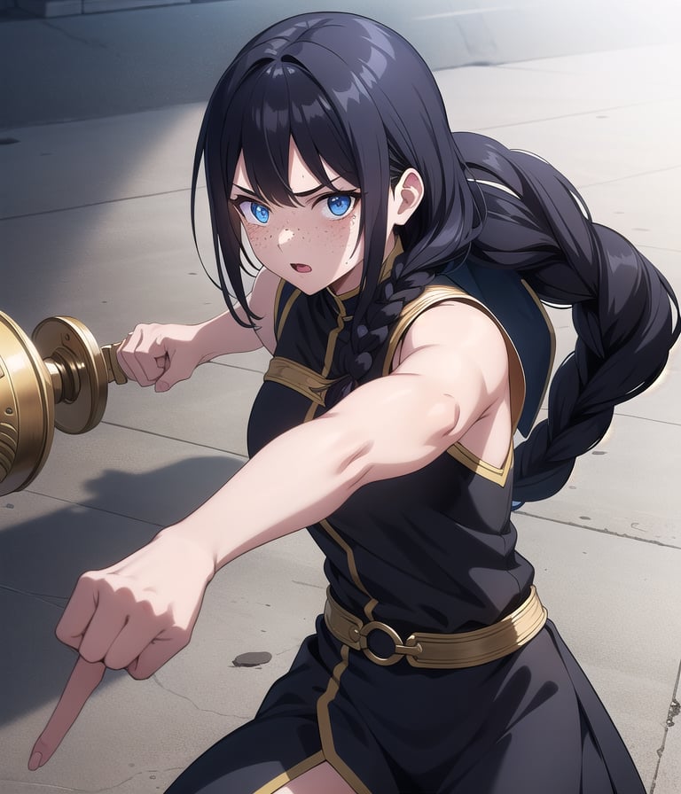 1girl, black hair, ancient Israeli clothes, medium hair, side braid,  freckles,  blue eyes, glowing eyes, holding a sword, brass knuckles, fighting pose 