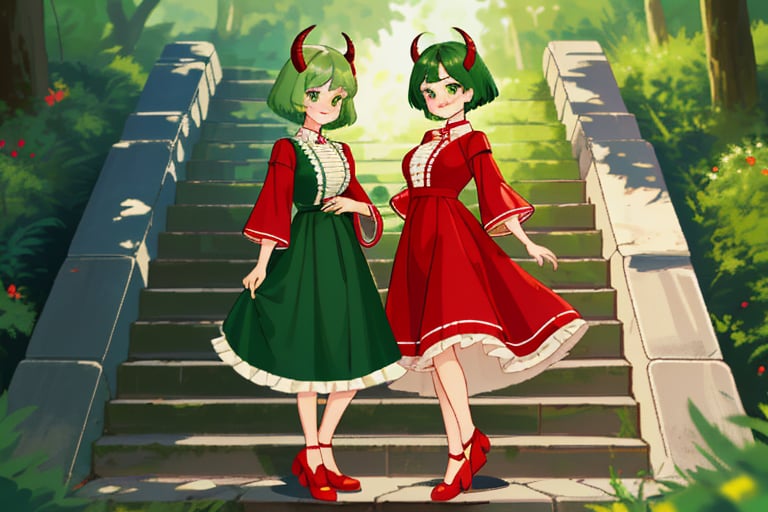 breasts, looking at viewer, blush, smile, short hair, bangs, multiple girls, long sleeves, dress, 2girls, closed mouth, green eyes, standing, full body, short sleeves, outdoors, frills, green hair, horns, shoes, day, siblings, red dress, red footwear, tassel, twins, stairs, skirt hold,Pixel art