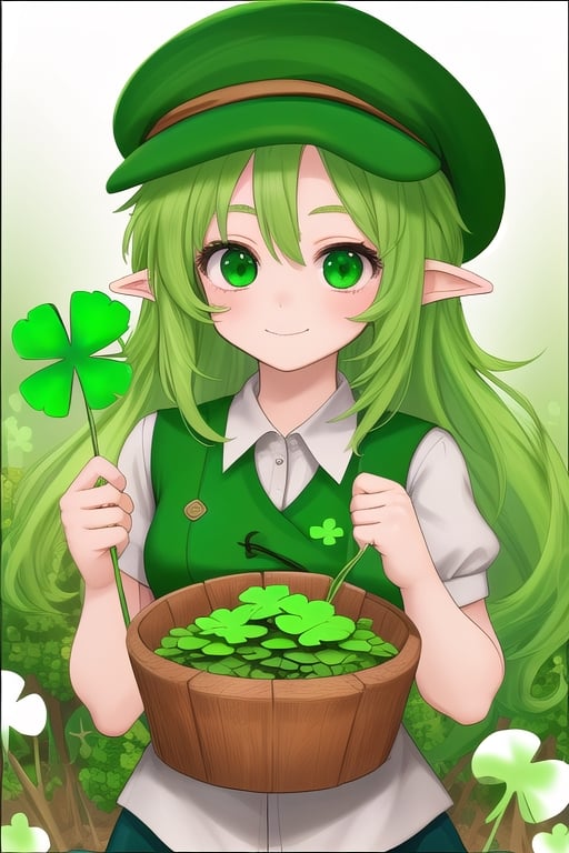 A leprechaun girl. green hair, irish hat, has a clover. flag of Ireland.