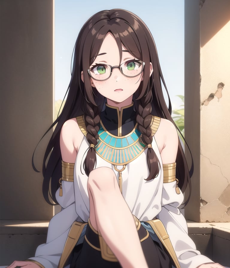 1girl, Israeli, brown hair, long hair, long bangs, ancient Egyptian clothes, Israeli clothes, glasses,  pale skin, green eyes, freckles,  side braid, 