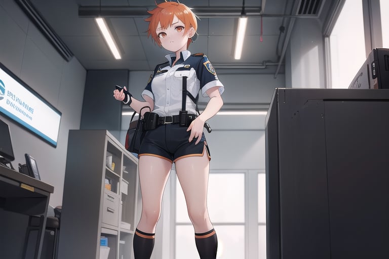 A close-up shot of a tomboy with vibrant orange hair styled in a messy pixie cut, framing her determined expression and piercing brown eyes. She's dressed in knee-high shorts, highlighting her toned legs as she stands protectively inside a dimly lit police station, the stark fluorescent lights overhead casting an eerie glow.