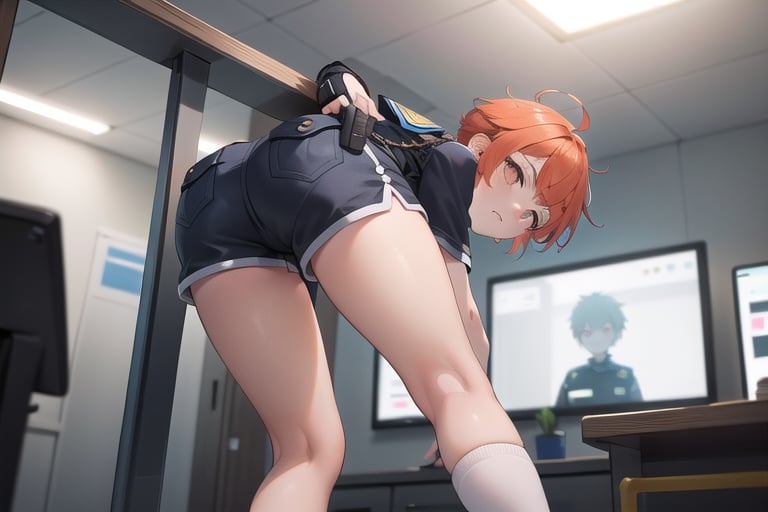 A close-up shot of a tomboy with vibrant orange hair styled in a messy pixie cut, framing her determined expression and piercing brown eyes. She's dressed in knee-high shorts, highlighting her toned legs as she stands protectively inside a dimly lit police station, the stark fluorescent lights overhead casting an eerie glow.