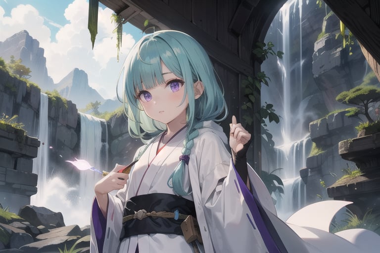 1girl, short bangs, blunt bangs, ,concave bangs, jade hair, long hair, petite, mage robe, white robe, waterfall, relaxed, fantasy setting, side braid, purple eyes, glowing eyes.,anime