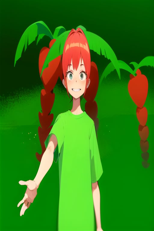 a girl with short hair on an island with palm trees, green shirt, hand stretched out., smiling.