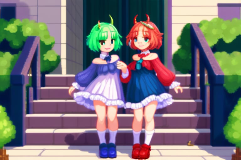 breasts, looking at viewer, blush, smile, short hair, bangs, multiple girls, long sleeves, dress, 2girls, closed mouth, green eyes, standing, full body, short sleeves, outdoors, frills, green hair, horns, shoes, day, siblings, blue dress, red footwear, tassel, twins, stairs, skirt hold,Pixel art