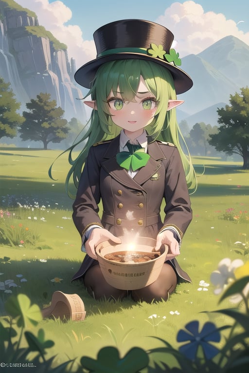 A leprechaun girl. green hair, gren tophat, has a clover. flag of Ireland, pointy ears, glowing eyes, green eyes, pot of gold, banknotes, on a meadow.