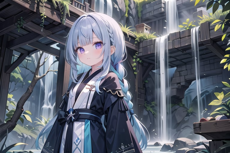 1girl, short bangs, blunt bangs, ,concave bangs, multicolored hair,  navy blue hair, black hair highlights, long hair, petite, mage robe, black and blue robe, waterfall, relaxed, fantasy setting, side braid, purple eyes, 