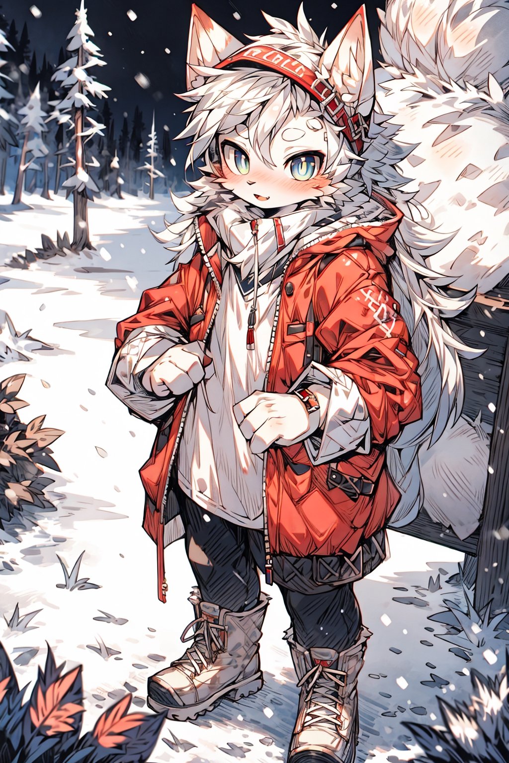 (Masterpiece, best quality, ultra-detailed, High detailed, detailed background, Perfect hands, perfect anatomy, anatomically correct),viking, 1girl, solo_female, long silver hair, brigth_red_pupils, ,nodf_lora, eyesgod, white winter clothes, lumberjack boots, standing next to an igloo