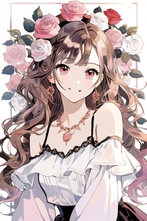 1girl, solo, long hair, looking at viewer, smile, off shoulder long sleeves, pink eyes, brown hair, pink hair, flower, rose gold neclace, infinity neclace, hair flower, white flower, retro artstyle, \(style\)