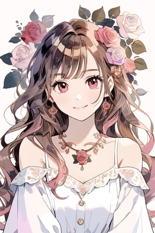 1girl, solo, long hair, looking at viewer, smile, off shoulder long sleeves, pink eyes, brown hair, pink hair, flower, rose gold neclace, infinity neclace, hair flower, white flower, retro artstyle, side part, \(style\)