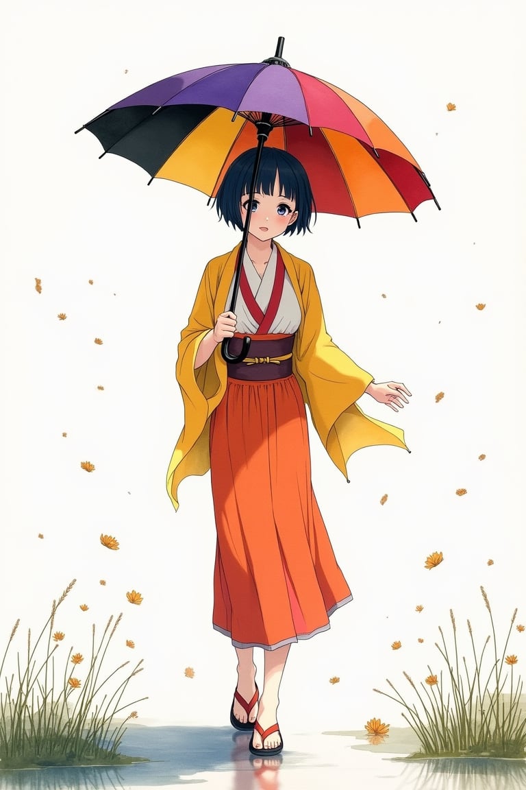 Sumi-e style watercolor portrait of a young, beautiful anime girl in a modest kimono and sandals, strolling in a lake garden. She holds an umbrella in purple, yellow, red, orange, and black colors, blending modern color block style. The scene is framed with a focus on her serene expression and the vibrant colors of her attire against a white background, with soft, flowing ink lines capturing the essence of the moment.