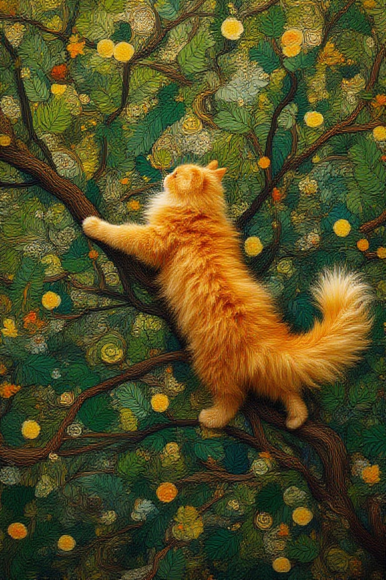 "An overhead shot capturing a fluffy
ginger cat gracefully climbing a tree
branch. Green leaves and other
branches overlap, creating chaotic
lines and swirls, with the wind
adding movement. Inspired by
Gustav Klimt's style, the image will
feature intricate patterns, rich
colors, and a touch of gold, evoking
a sense of elegance and timeless
beauty."