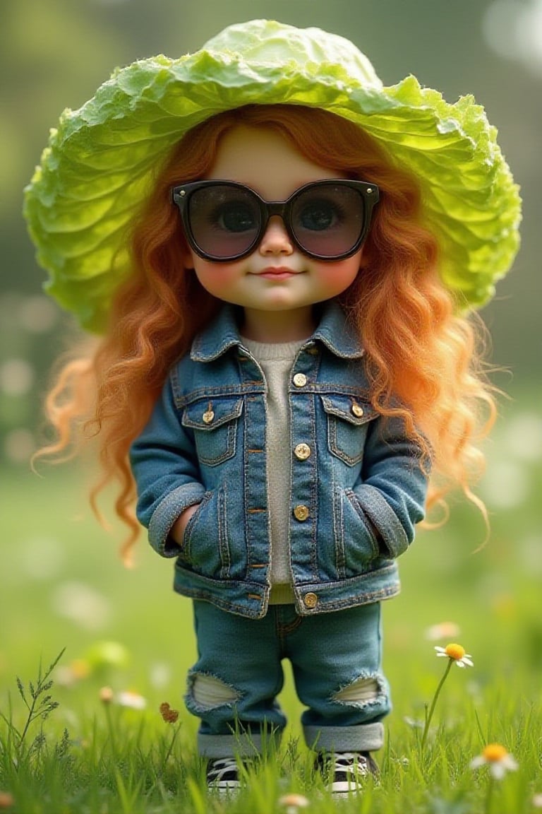  toddler  chubby girl
with long butterscotch
hair wearing a sun hat made of green cabbage  on her head,
wearing
sunglasses, 
denim jacket,matching jeans,
black tennis shoes, her
hands are in her jean
pockets,sweet smile, background is tiny lush green grass,
faded hues of
reds, whites and silver
with intricate
glitter, ultra detailed, ultra
realistic,uhd,hdr 24K, 40s, hyper-realistic 