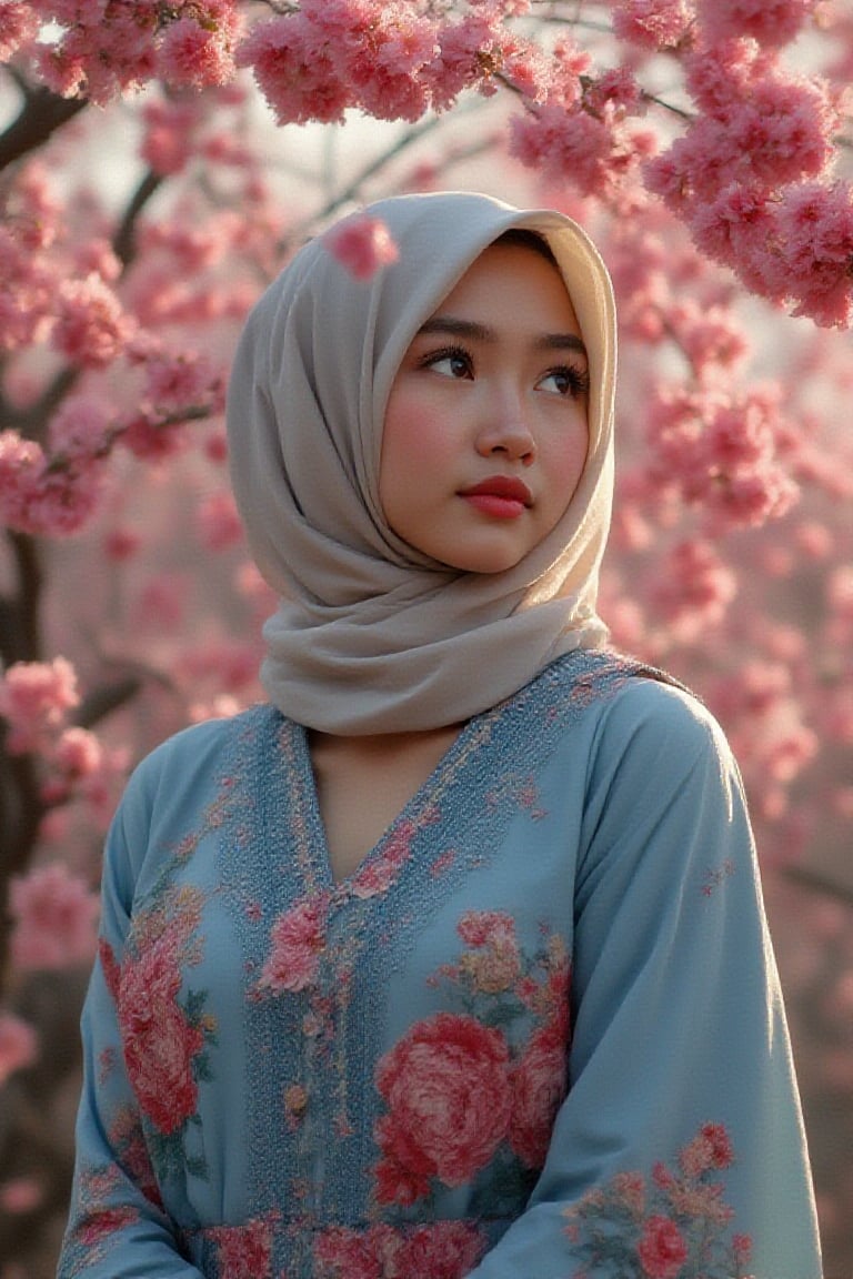 Classical Realism painting,
minimalist, adorable malay girl,she
wears hijab  ,modest blue colored traditional baju kebaya with floral pattern ,red cherry blossom
tree,windy,serene and calm,expression
shot,retrowave,master shot,dreamy,blurry  UHD HDR ,24K, 40s