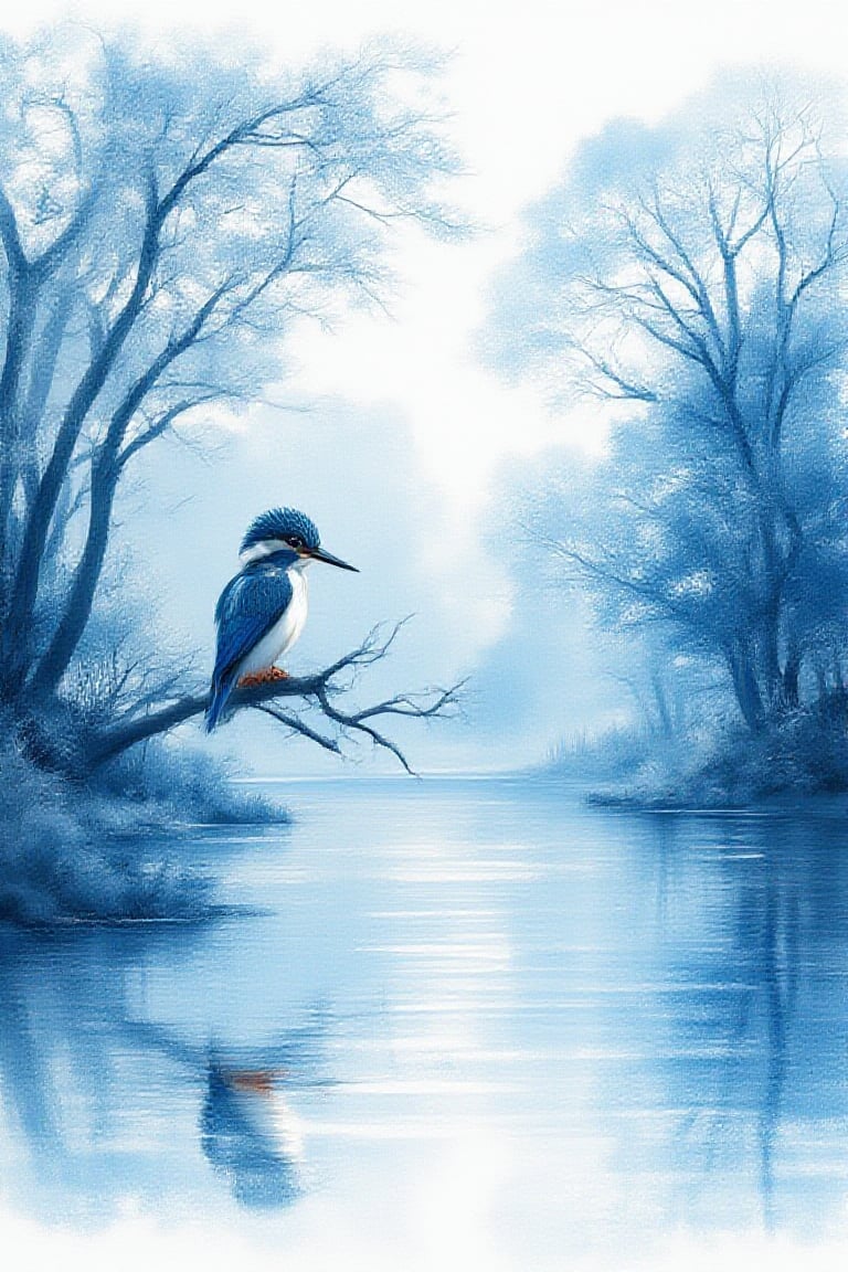 Watercolor style on wet canvas  wet on wet painting. A painting
of a blue lake. In the middle is a kingfisher
perched on an extended tree branch in the
foreground. Reflections and shading
White background   UHD
HDR,24K,WatercolorWash 