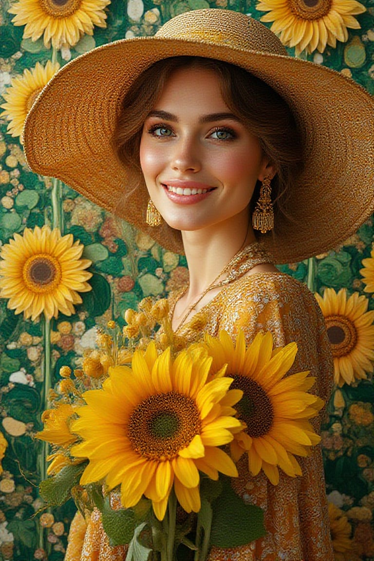 A beautiful stunning princess wearing a stylish oversized sunhat,soft makeup, vivid eyes,
blush cheeks. She's wearing a Burberry long modest dress, shoes, Burberry handbag. Smiling with happiness. Add a bouquet of distinctive patterned oversized blooming sunflower.
The background should be filled with intricate patterns green and gold leaf accents,
reminiscent of Klimt's inspires artworks with a focus on ornamental details and a
harmonious blend of natural forms. The scene radiates
elegance and timeless beauty, with the woman's serene expression and the detailed, decorative elements creating a
mesmerizing, dreamlike quality,uhd,hdr,24K, 40s 