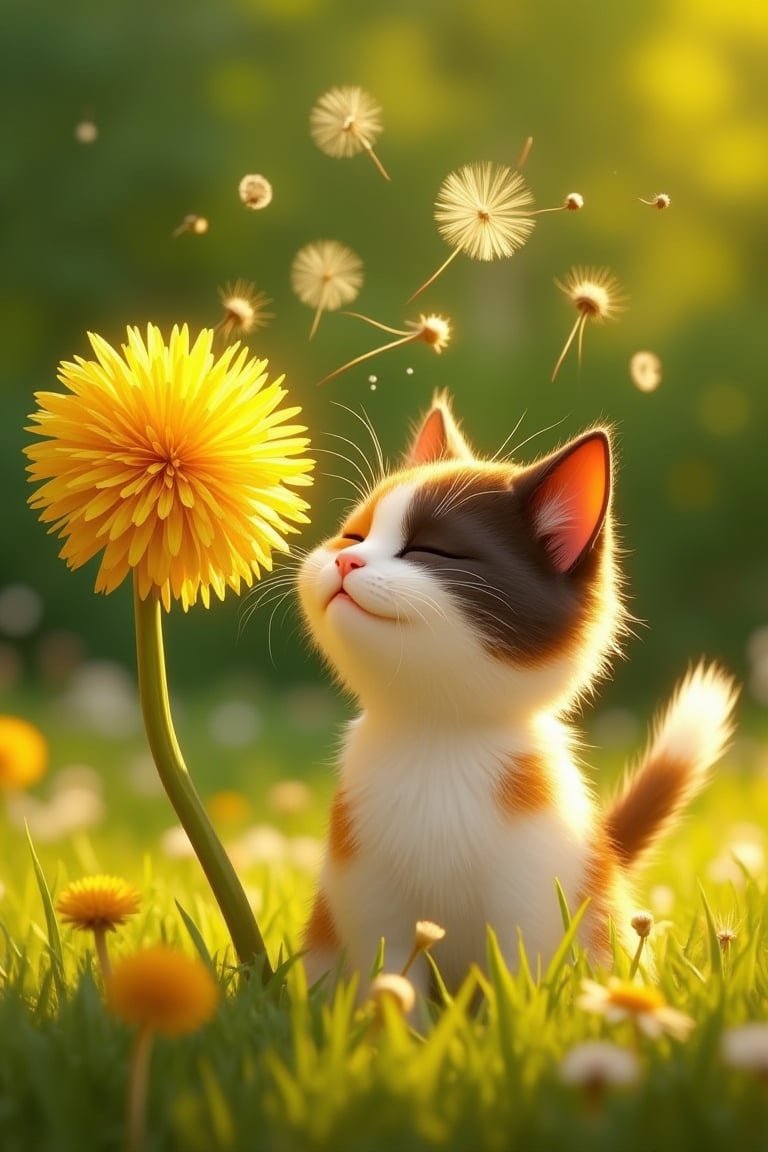 A animated, cartoon calico cat with puffed cheeks blowing hard into a vibrant yellow dandelion. The Dandelion fluff danced in the air. The dandelion head is partially seedless. Bg green outdoor landscape, chiaroscuro effect ,uhd,24k, 40s, surrealism 